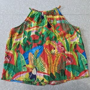 Panama Jack Tropical Toucan Print Halter Top Red Floral Beaded Keyhole Medium